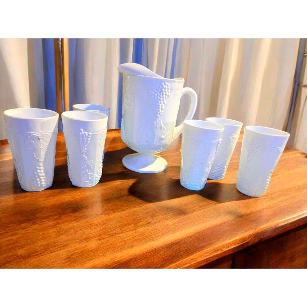 Indiana Milk Glass Colony Harvest Grape Pattern Large Pitcher & 6 16 Oz Tumblers